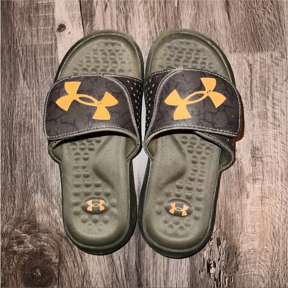 Under Armour Olive Green Slide Sandals with Yellow Logo